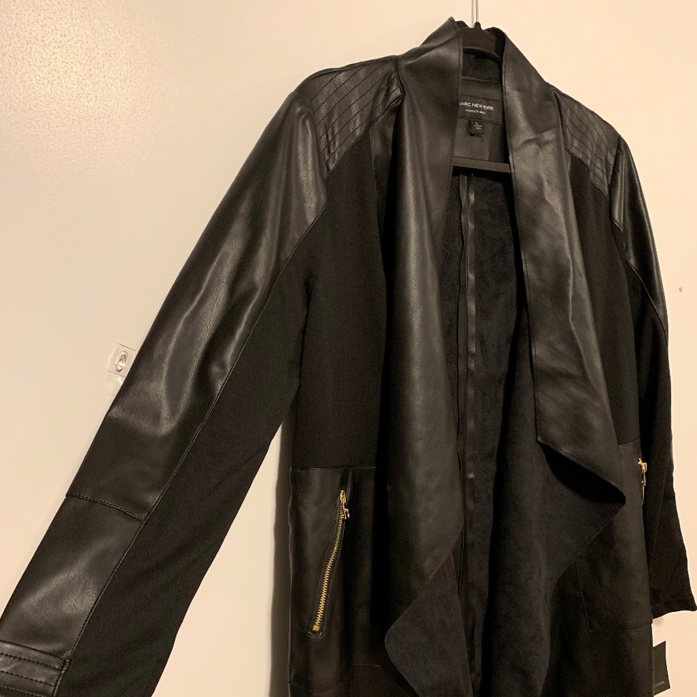 Long black leather and velvet jacket size large